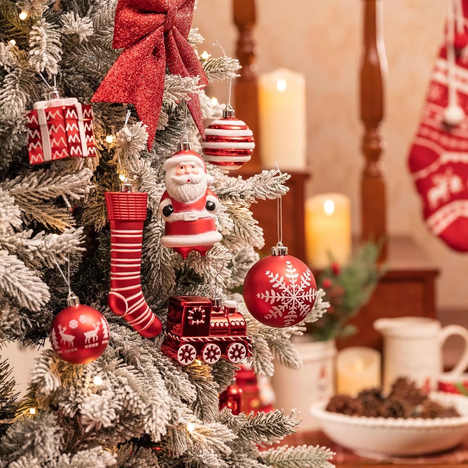 155Ct Christmas Ornaments Set, Red White Shatterproof Ornaments for Xmas Party Decor