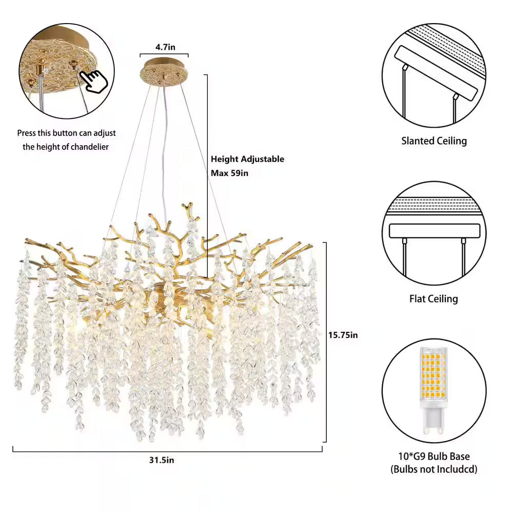 Modern Chandelier 30 In. 10-Lights Luxury Gold Chandelier for Dining Room, Foyer, Living Room,Crystal Chandelier