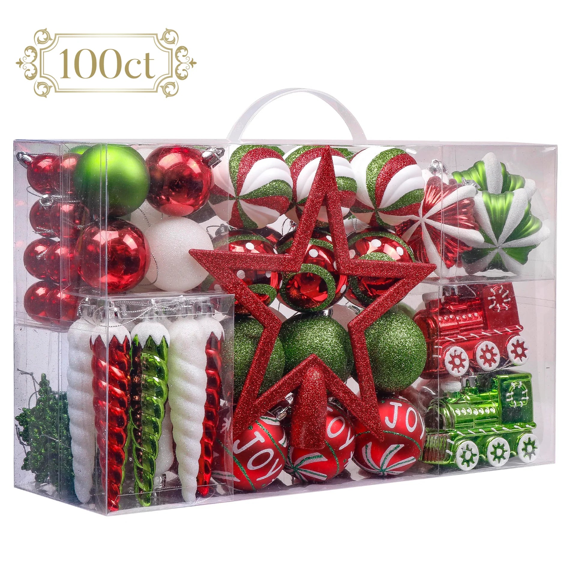 100Ct Christmas Ornaments Set, Red Green White Christmas Tree Ornaments for Party Decor