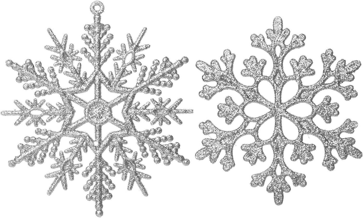 36 Pack Silver Glitter Snowflake Ornaments, Plastic Christmas Glitter Snowflake Winter Wonderland Christmas Tree Decorations, 4 Inch, Silver