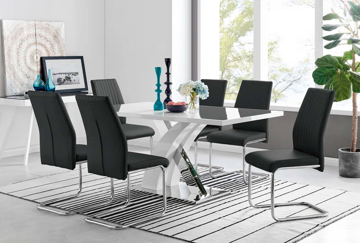 Edzard Chrome & White High Gloss Dining Table Set with 6 Luxury Faux Leather Dining Chairs