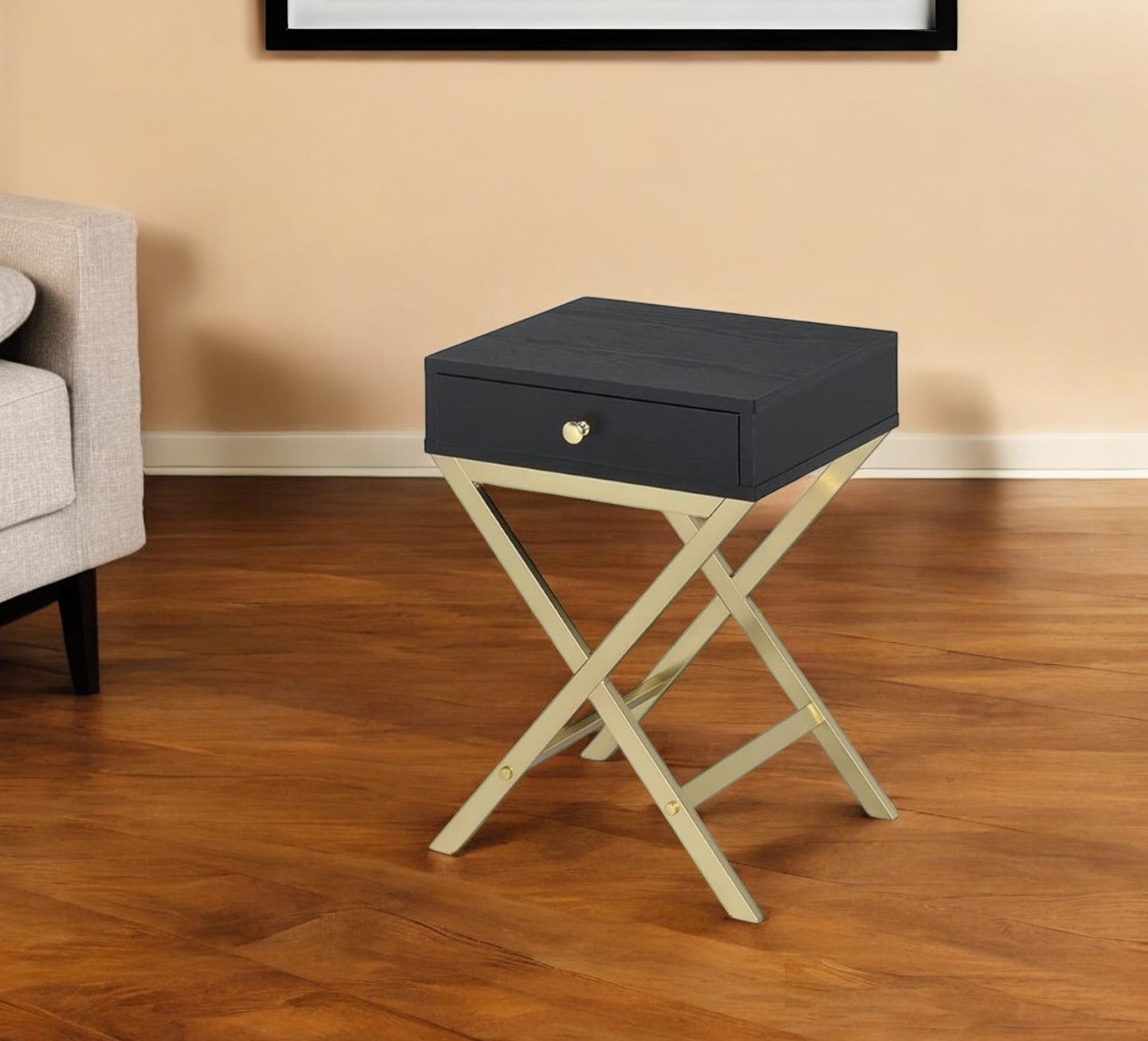 24" Gold And Black Solid Wood End Table With Drawer-1
