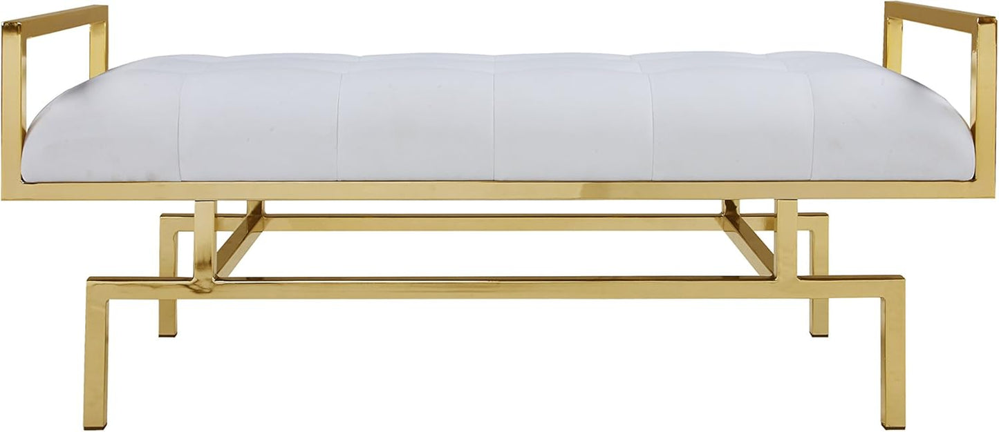 Bruno PU Leather Modern Contemporary Tufted Seating Goldtone Metal Leg Bench, White
