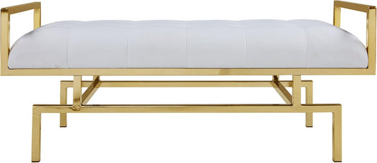 Bruno PU Leather Modern Contemporary Tufted Seating Goldtone Metal Leg Bench, White