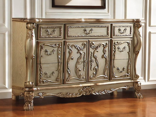 66" Gold Solid Wood Carved Scrollwork Seven Drawer Sideboard with Two Doors-0