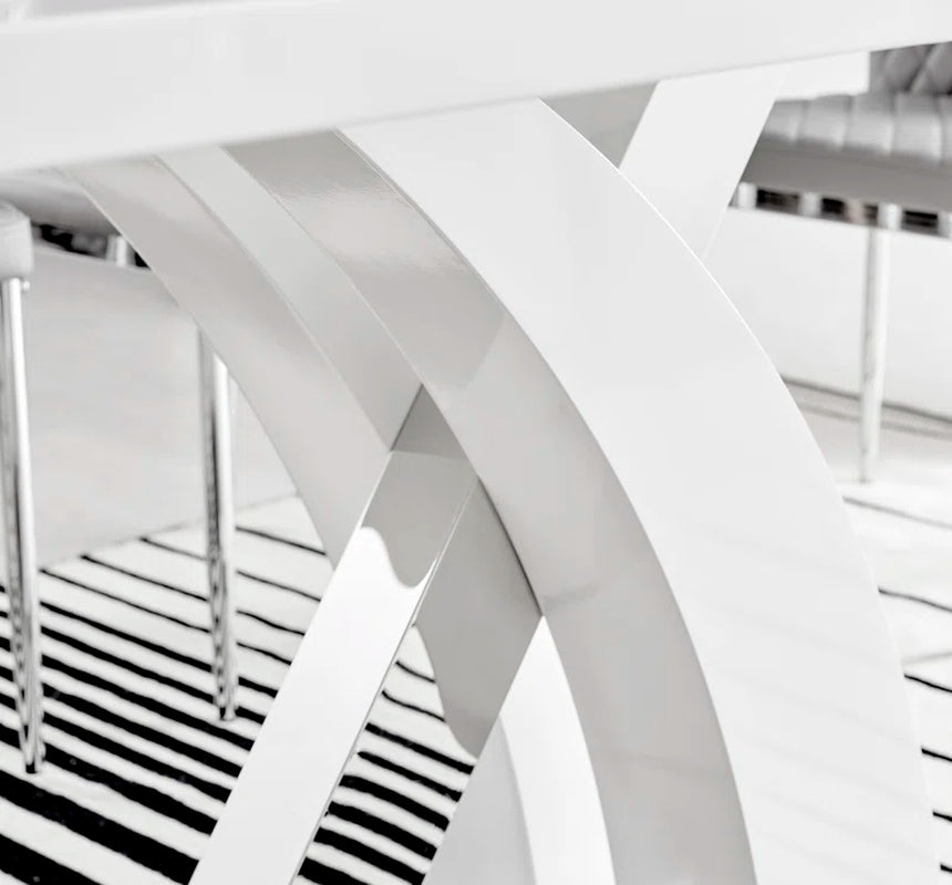 Edzard Chrome & White High Gloss Dining Table Set with 6 Luxury Faux Leather Dining Chairs