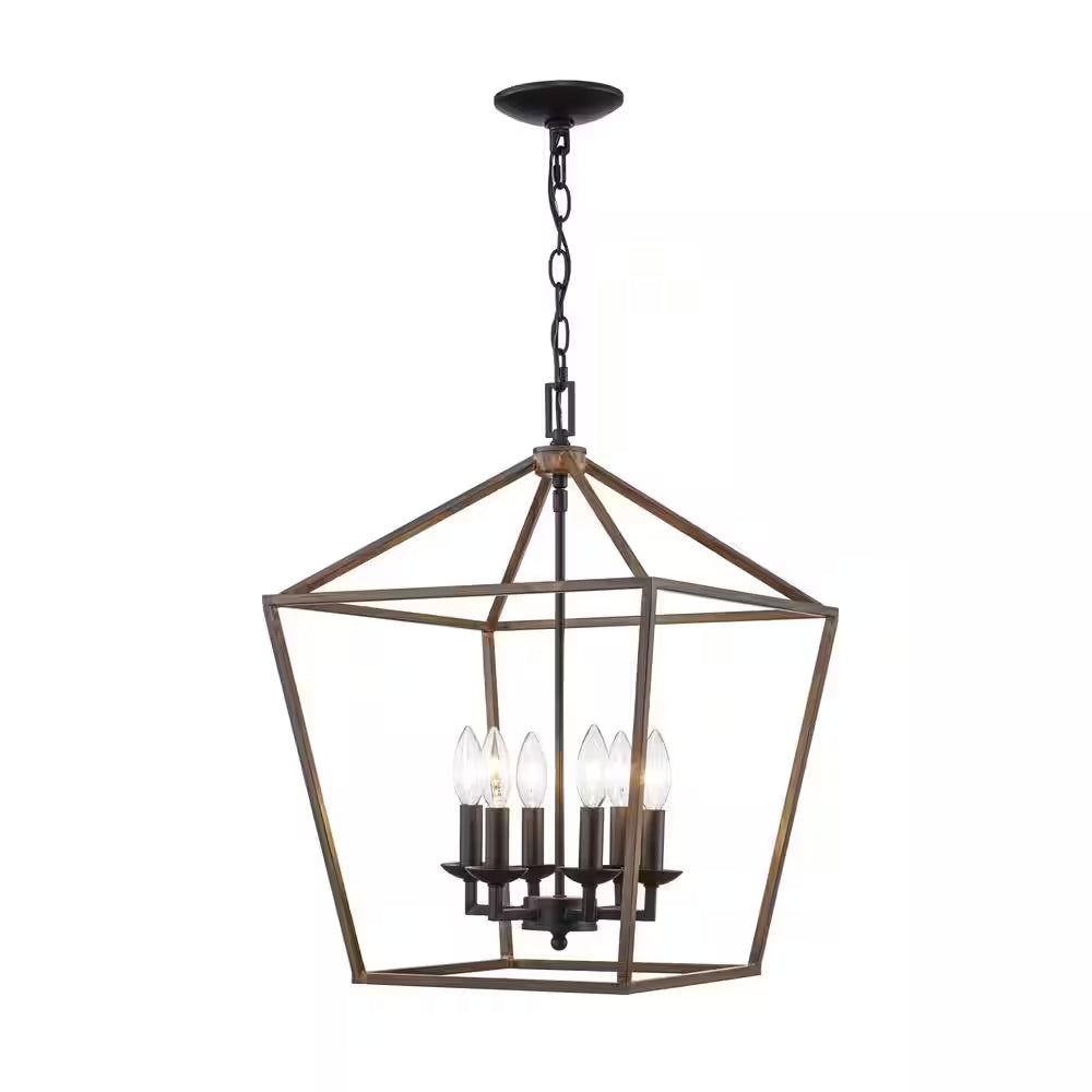 Weyburn 6-Light Black and Faux Wood Farmhouse Chandelier Light Fixture with Caged Metal Shade