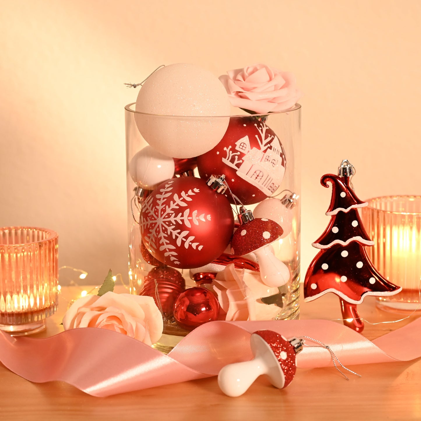 155Ct Christmas Ornaments Set, Red White Shatterproof Ornaments for Xmas Party Decor