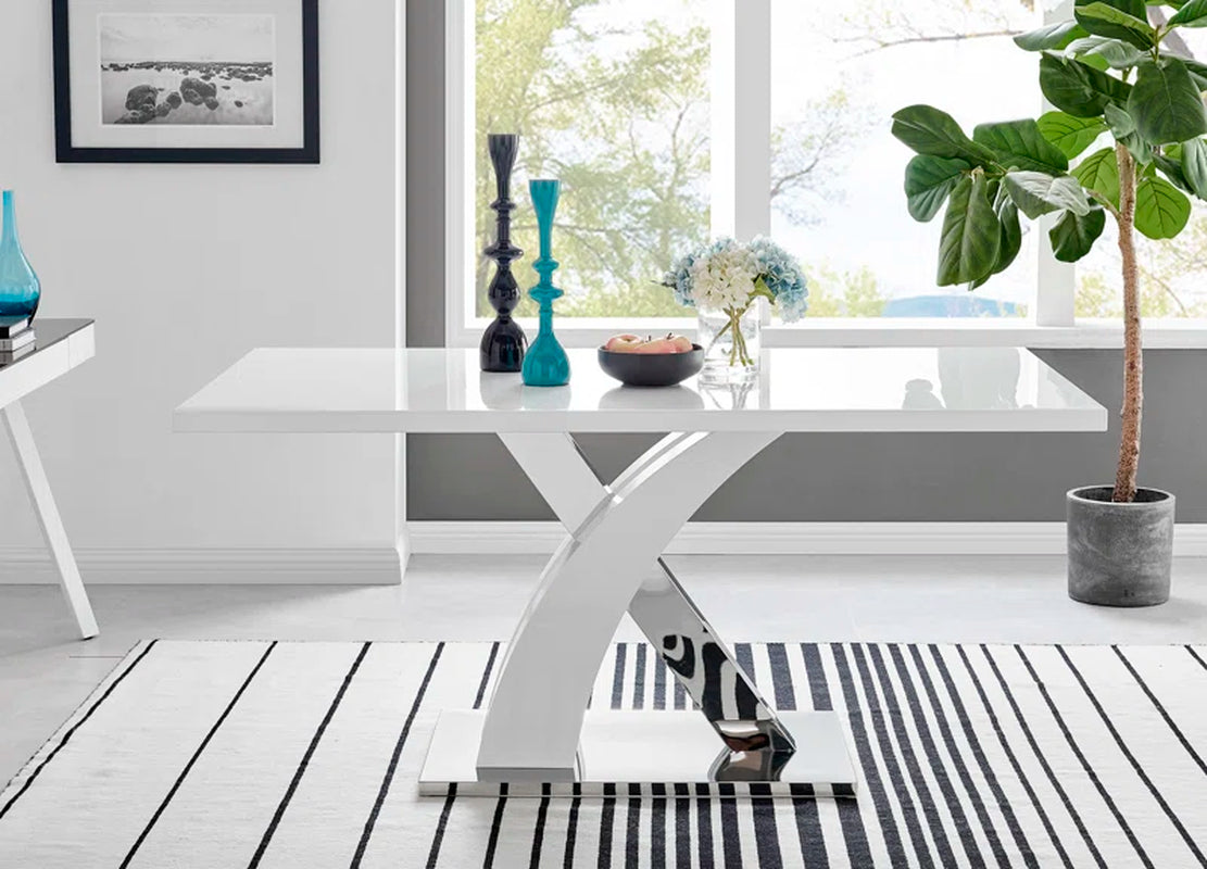 Edzard Chrome & White High Gloss Dining Table Set with 6 Luxury Faux Leather Dining Chairs