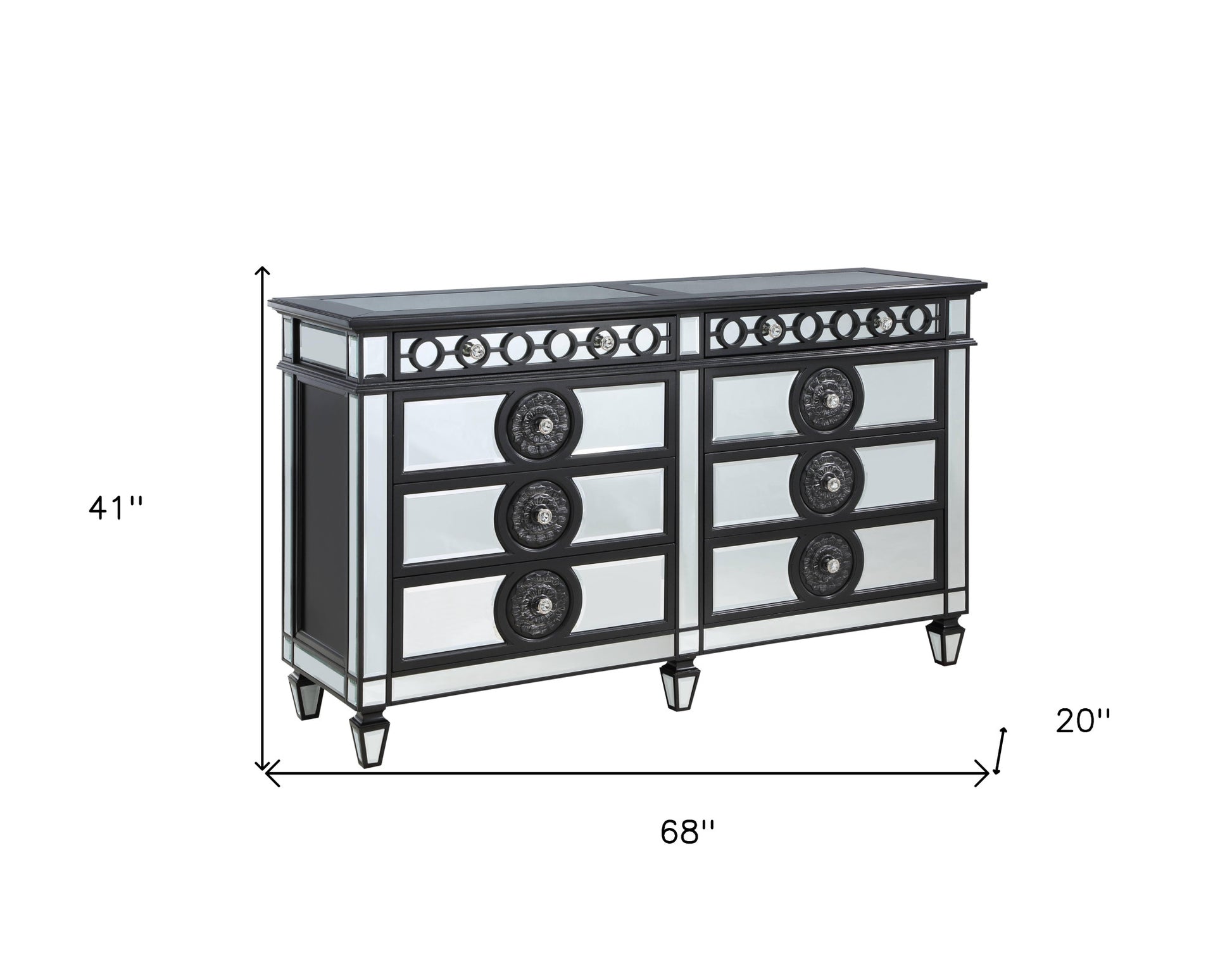 68" Black and Silver Solid and Manufactured Wood Mirrored Eight Drawer Double Dresser-4