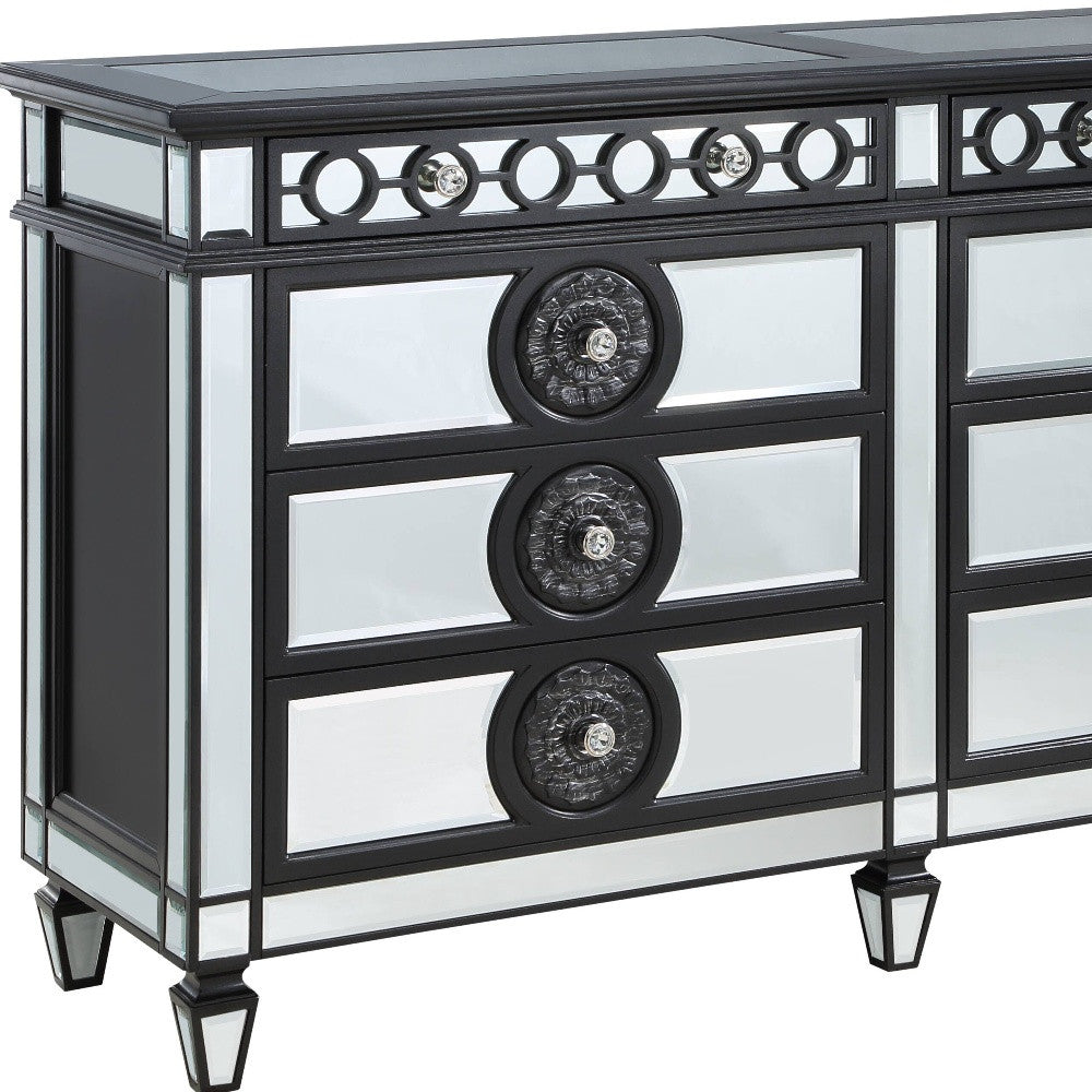 68" Black and Silver Solid and Manufactured Wood Mirrored Eight Drawer Double Dresser-3