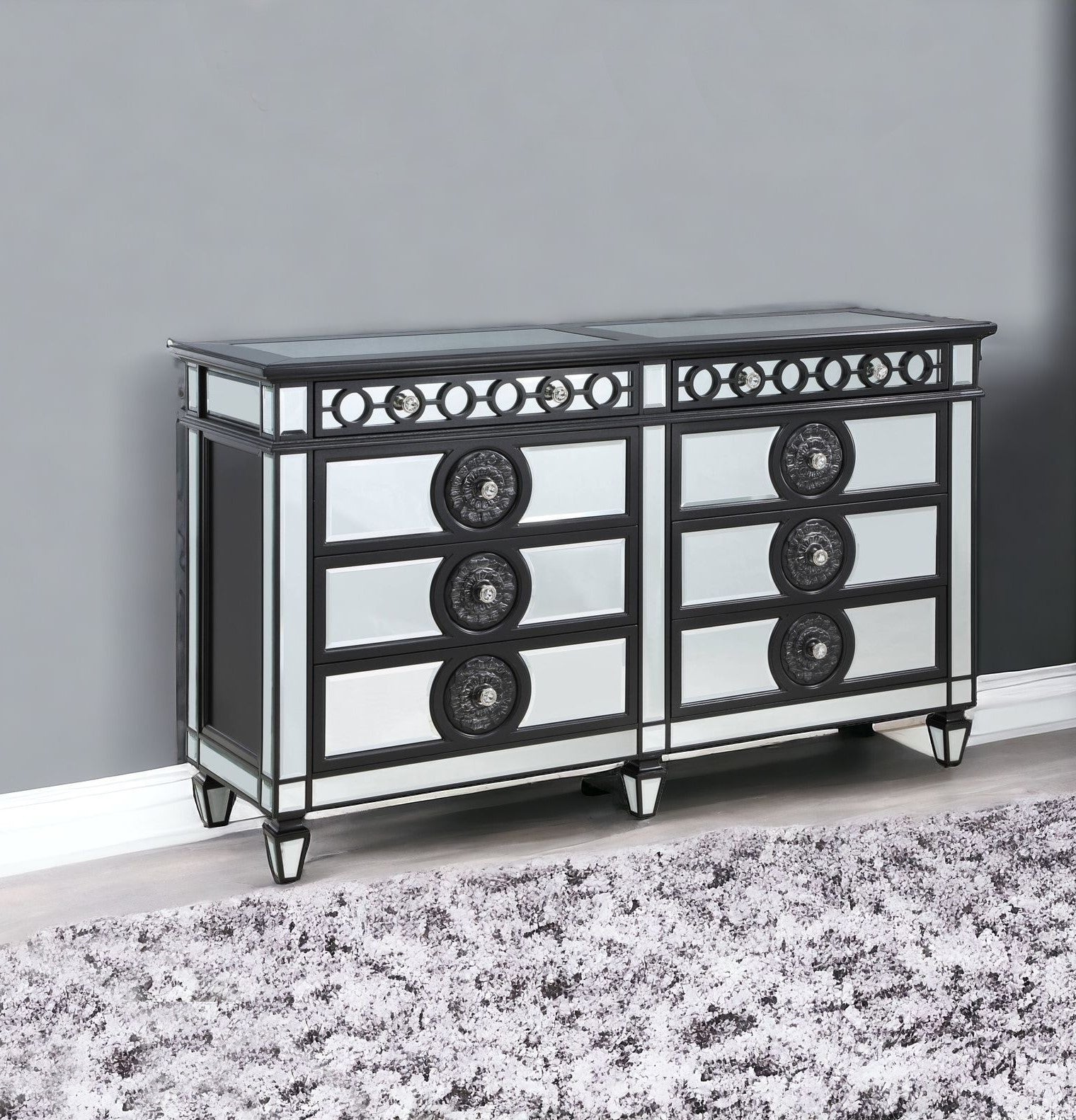 68" Black and Silver Solid and Manufactured Wood Mirrored Eight Drawer Double Dresser-0