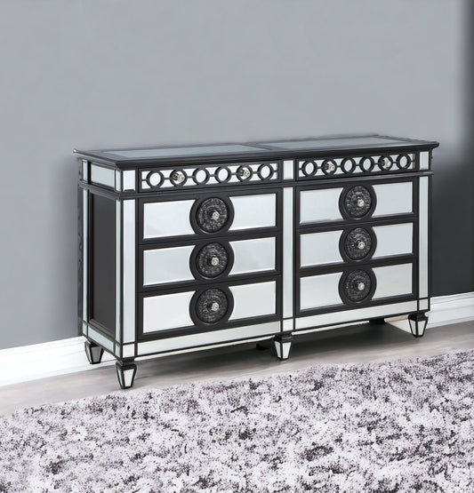 68" Black and Silver Solid and Manufactured Wood Mirrored Eight Drawer Double Dresser-0