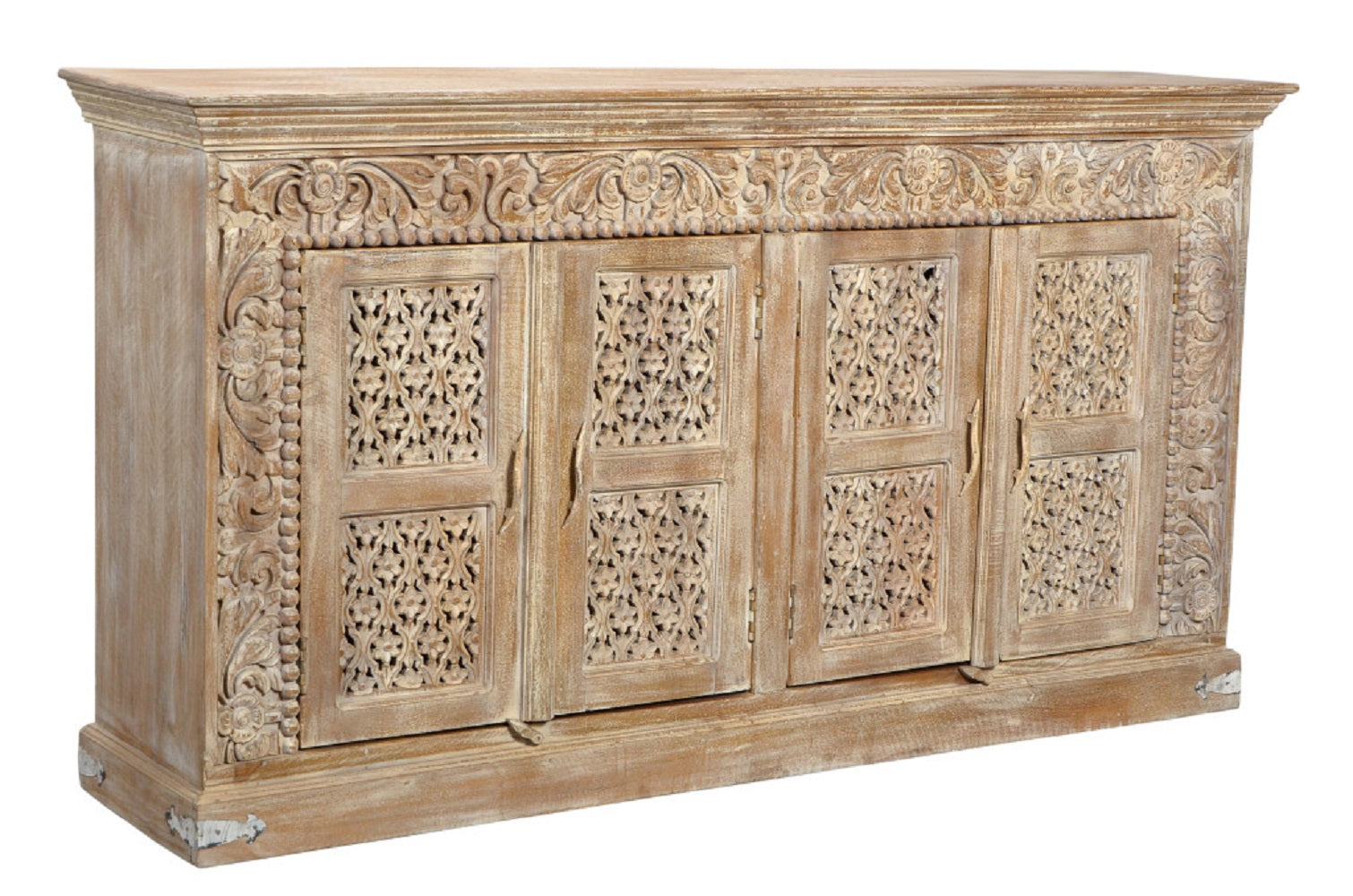 76" Antiqued White Distressed Solid Wood Carved Floral Sideboard with Four Doors-1