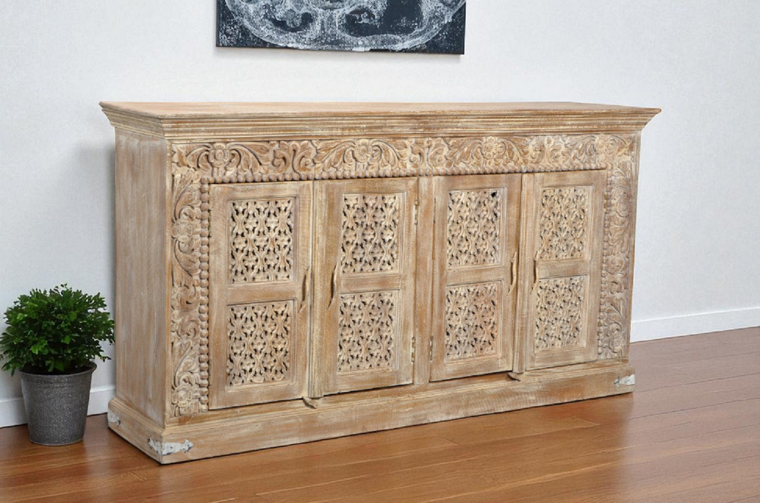 76" Antiqued White Distressed Solid Wood Carved Floral Sideboard with Four Doors-0