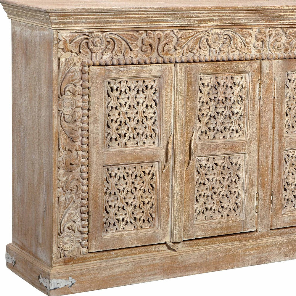 76" Antiqued White Distressed Solid Wood Carved Floral Sideboard with Four Doors-2