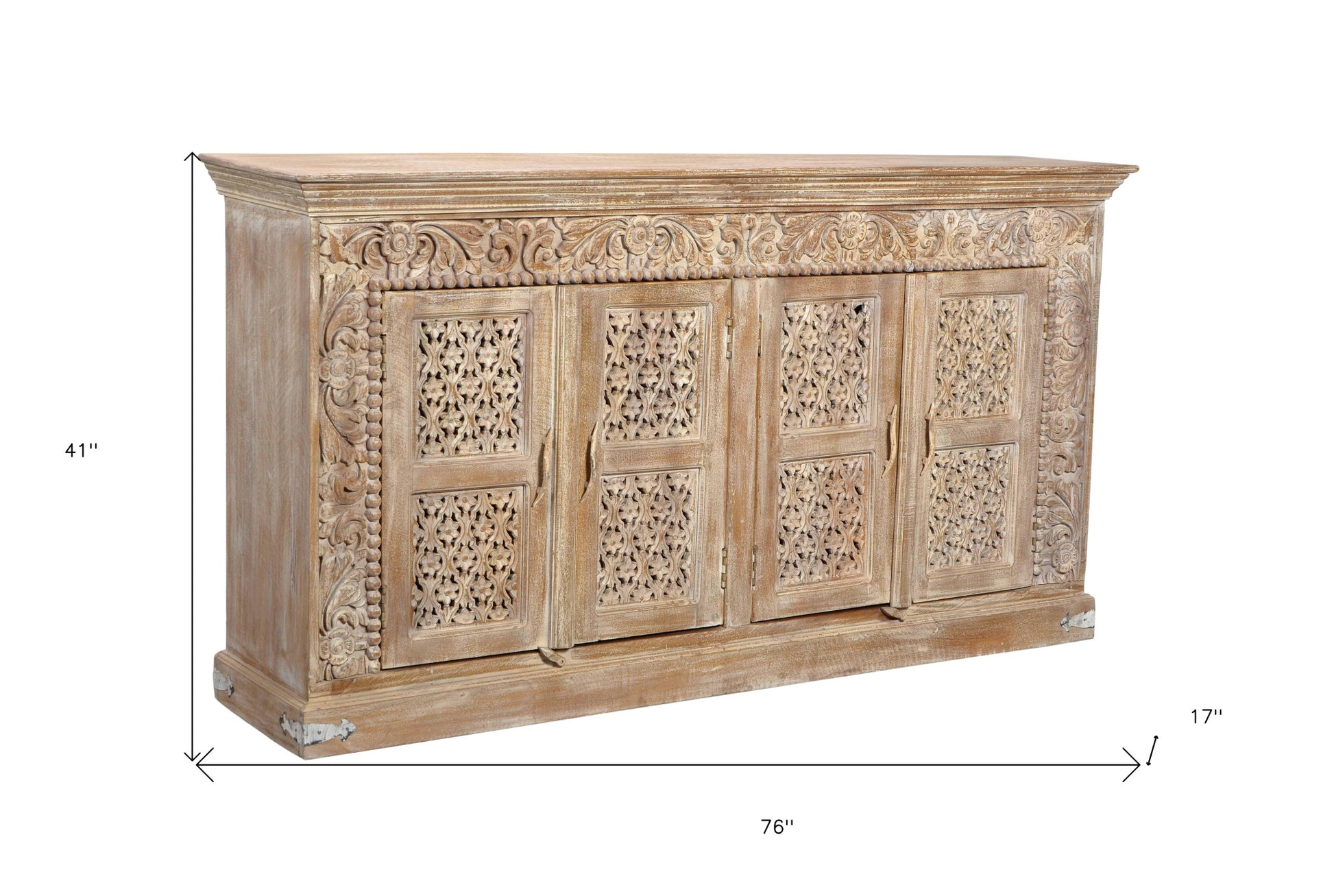76" Antiqued White Distressed Solid Wood Carved Floral Sideboard with Four Doors-4