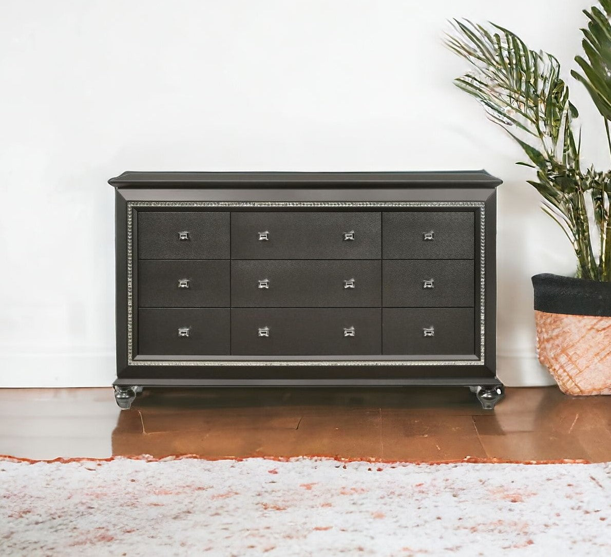 66" Gray Solid and Manufactured Wood Nine Drawer Triple Dresser-1