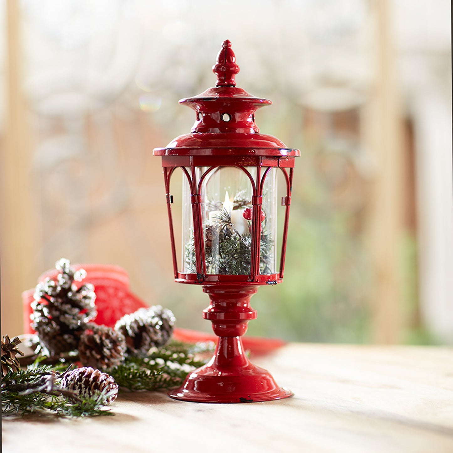 Set of Two Red Distressed Ornate Glass And Metal Tabletop Lantern Candle Holders-6