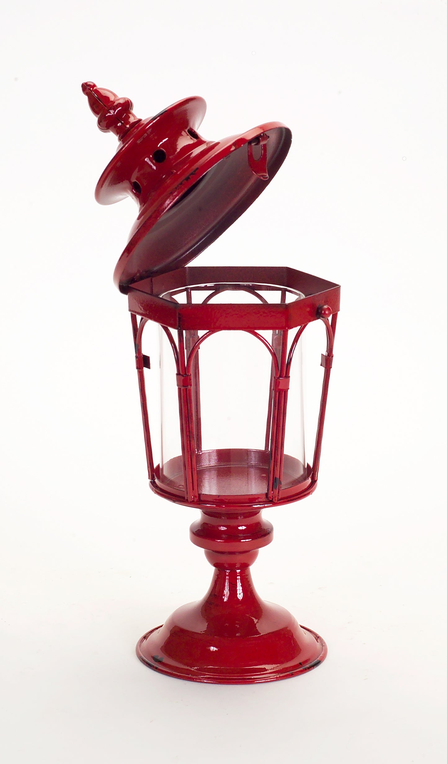 Set of Two Red Distressed Ornate Glass And Metal Tabletop Lantern Candle Holders-3