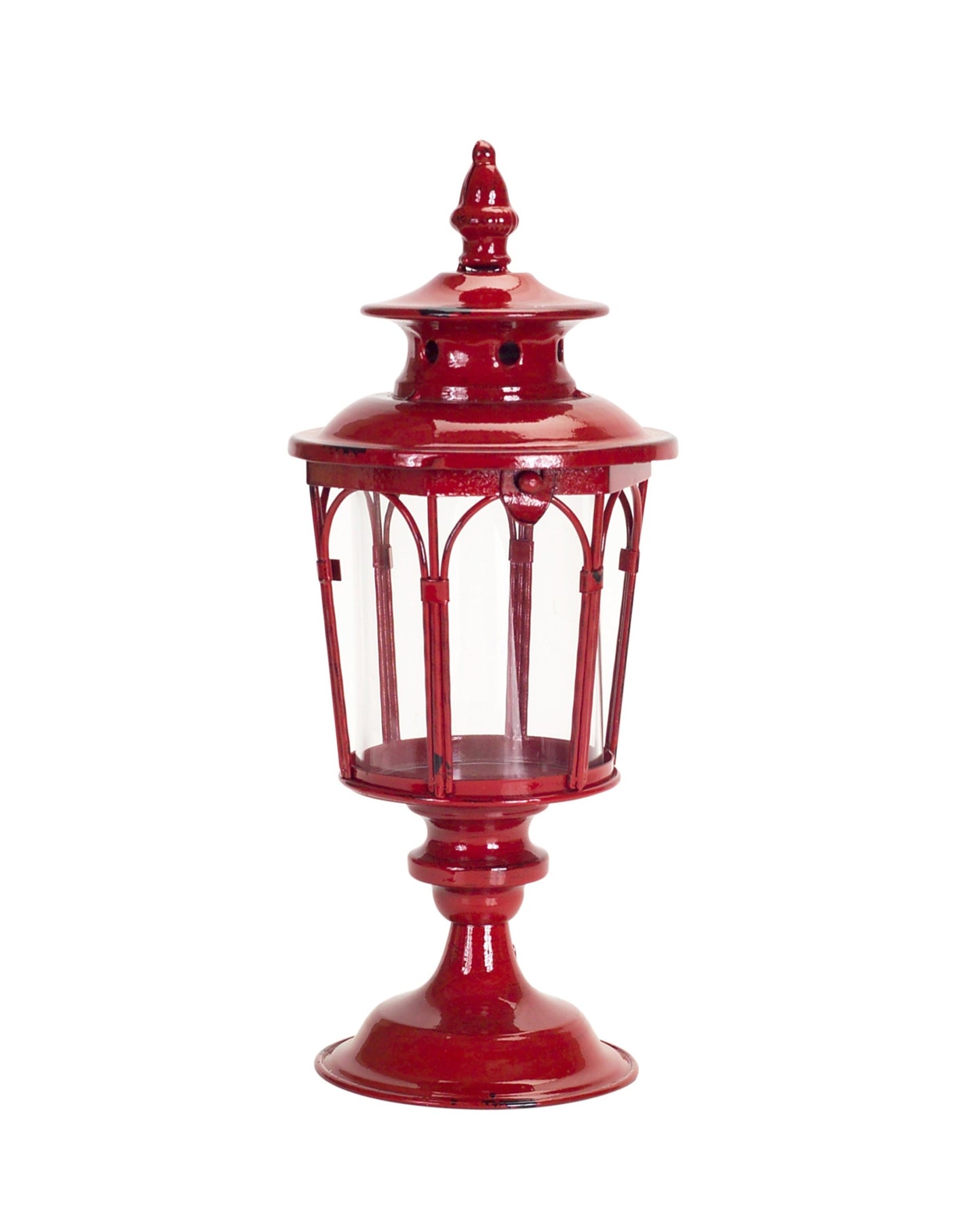 Set of Two Red Distressed Ornate Glass And Metal Tabletop Lantern Candle Holders-2