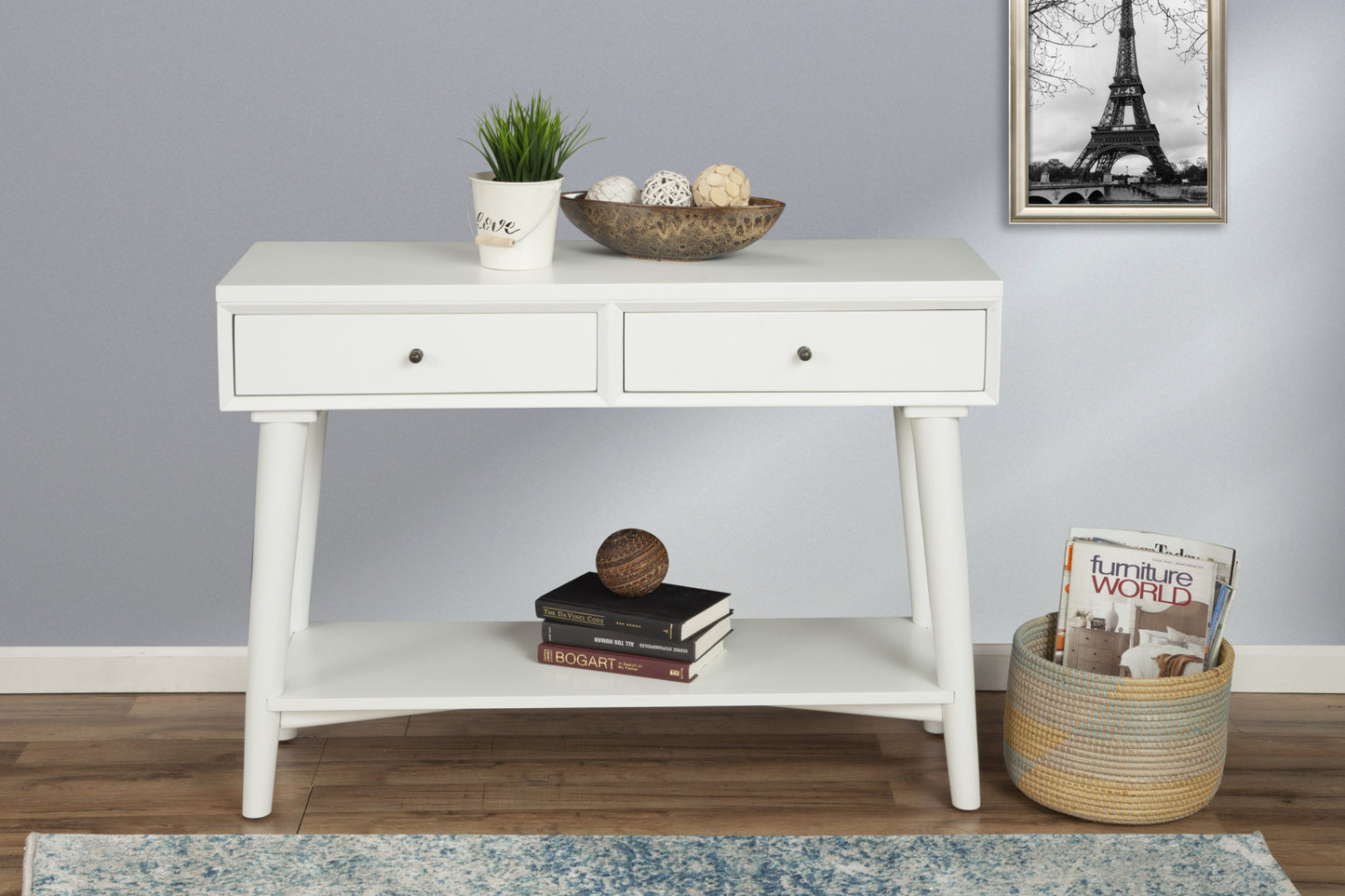 42" White Solid Wood Console Table With Shelves And Drawers-5