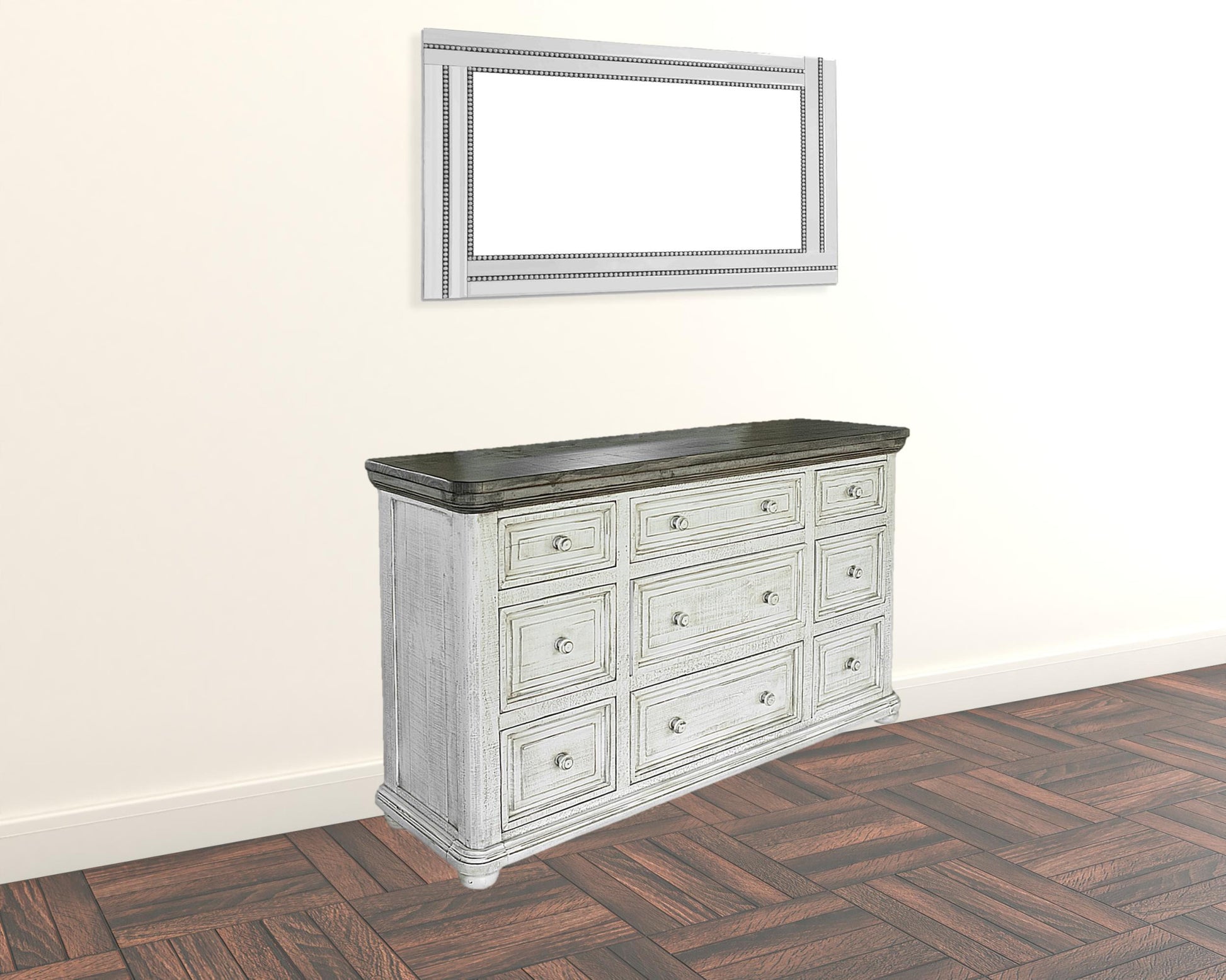 62" Gray and Ivory Solid Wood Nine Drawer Triple Dresser-1