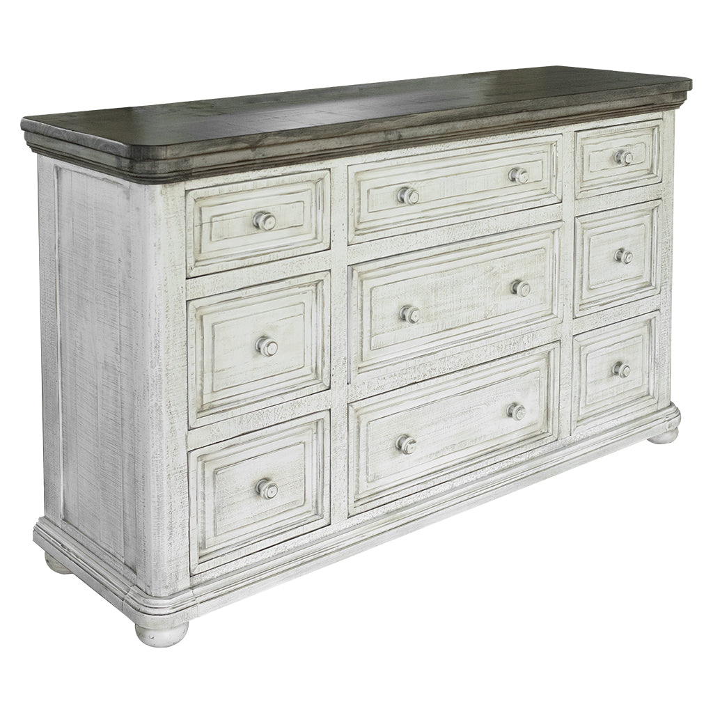 62" Gray and Ivory Solid Wood Nine Drawer Triple Dresser-0