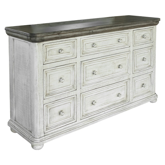 62" Gray and Ivory Solid Wood Nine Drawer Triple Dresser-0
