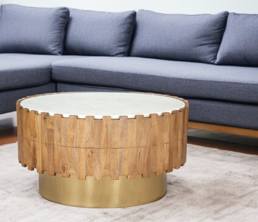 Gold Natural and White Iron Wood with Faux Marble Round Block Coffee Table