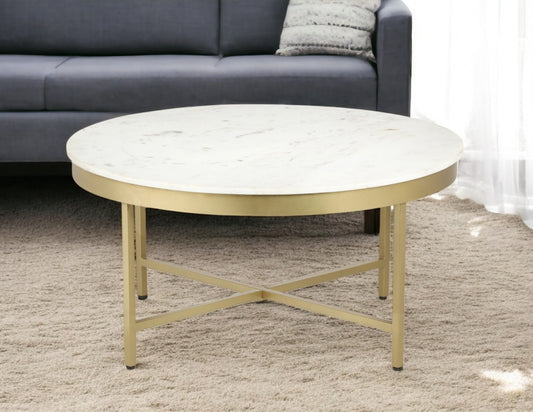 36" White And Gold Genuine Marble And Steel Round Coffee Table-0