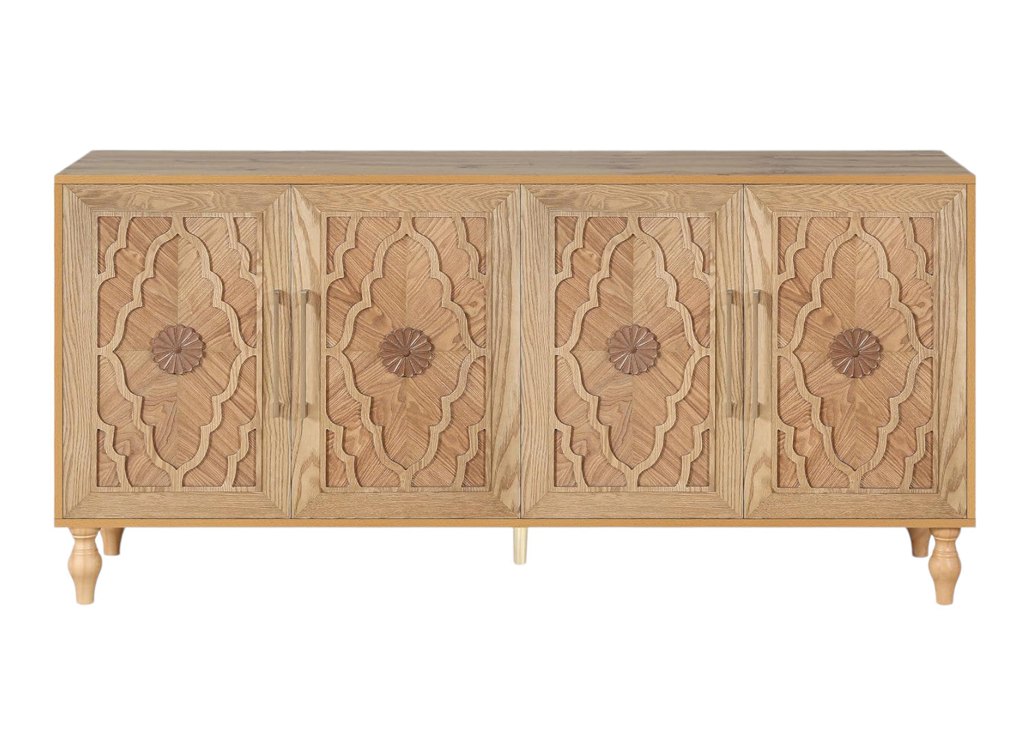 68" Natural Distressed Carved Geometric Sideboard with Four Doors-1