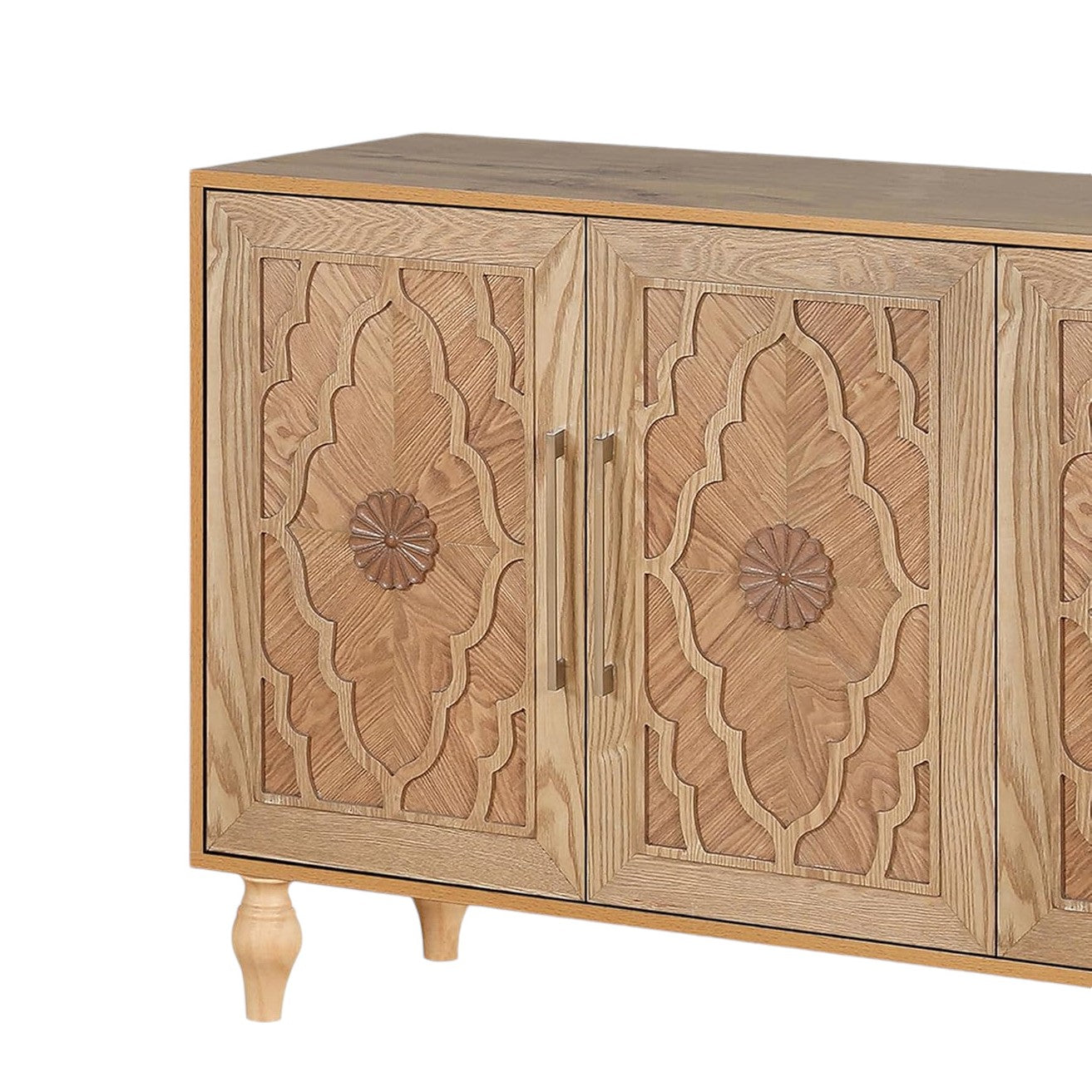 68" Natural Distressed Carved Geometric Sideboard with Four Doors-7