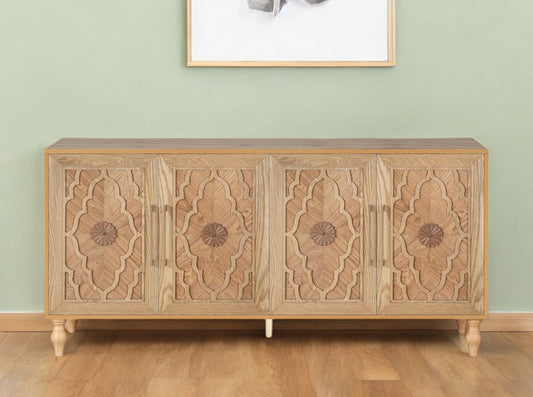 68" Natural Distressed Carved Geometric Sideboard with Four Doors-0