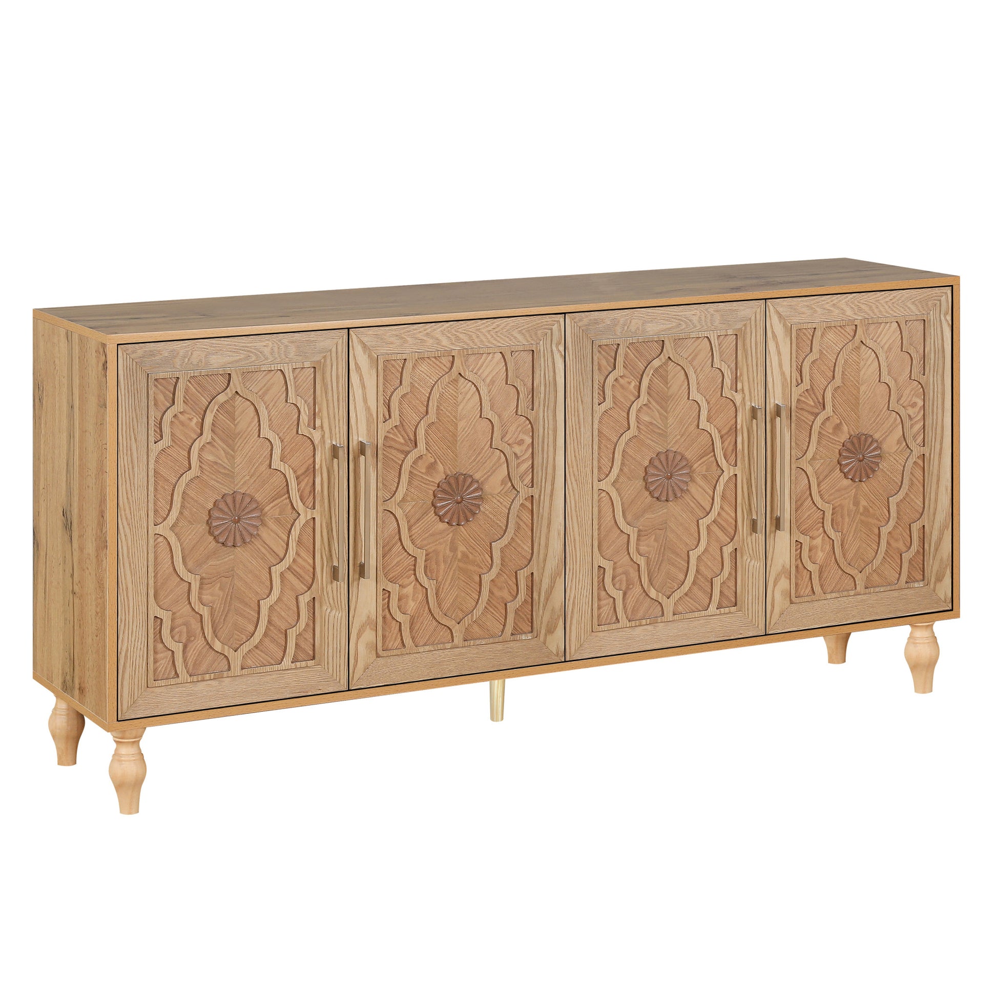 68" Natural Distressed Carved Geometric Sideboard with Four Doors-2