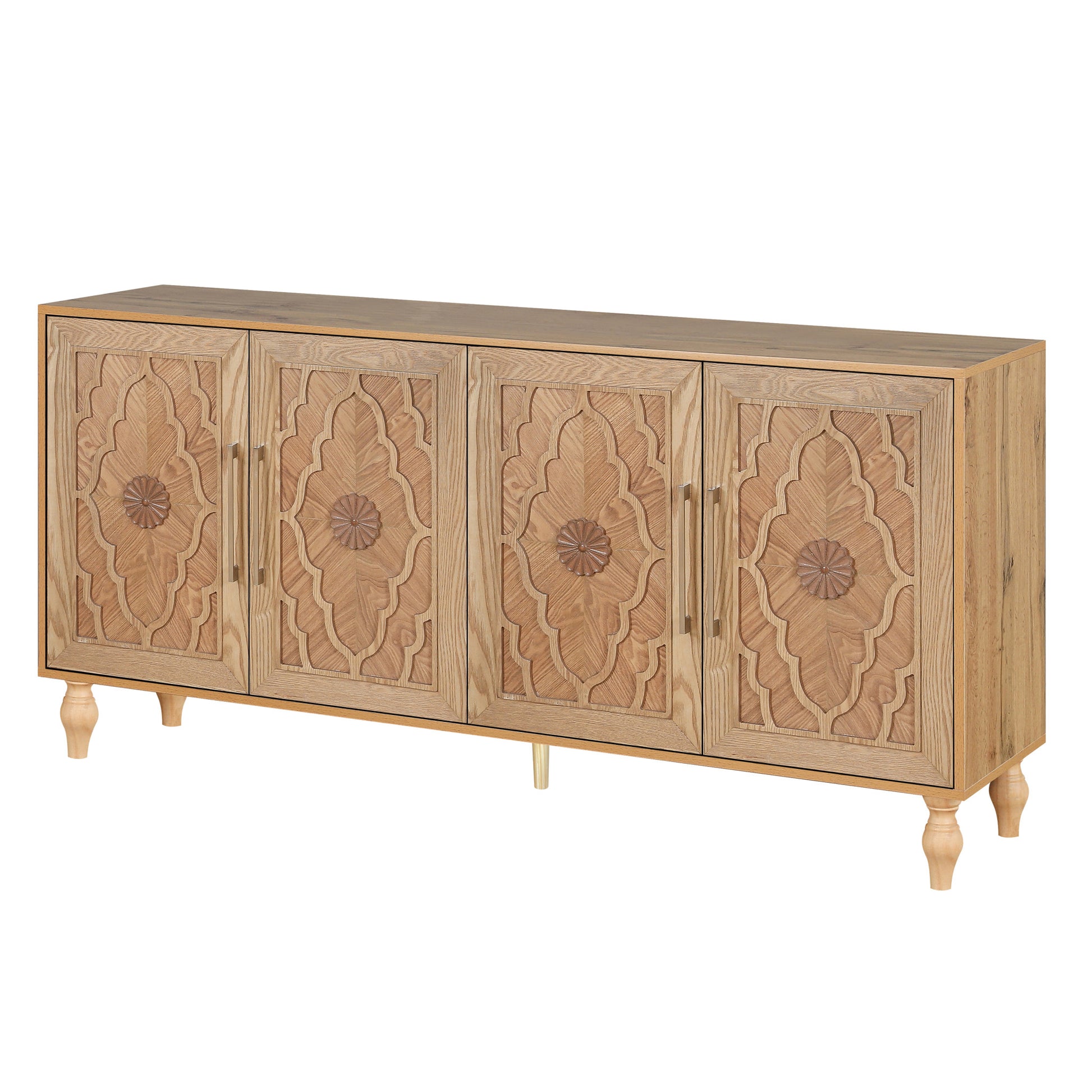 68" Natural Distressed Carved Geometric Sideboard with Four Doors-4