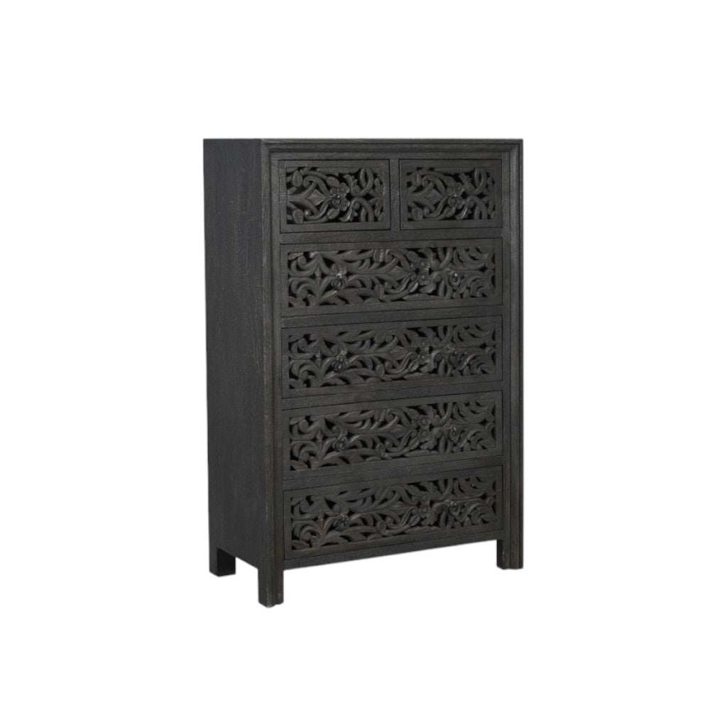 35" Black Carved Floral Solid Wood Six Drawer Dresser-2