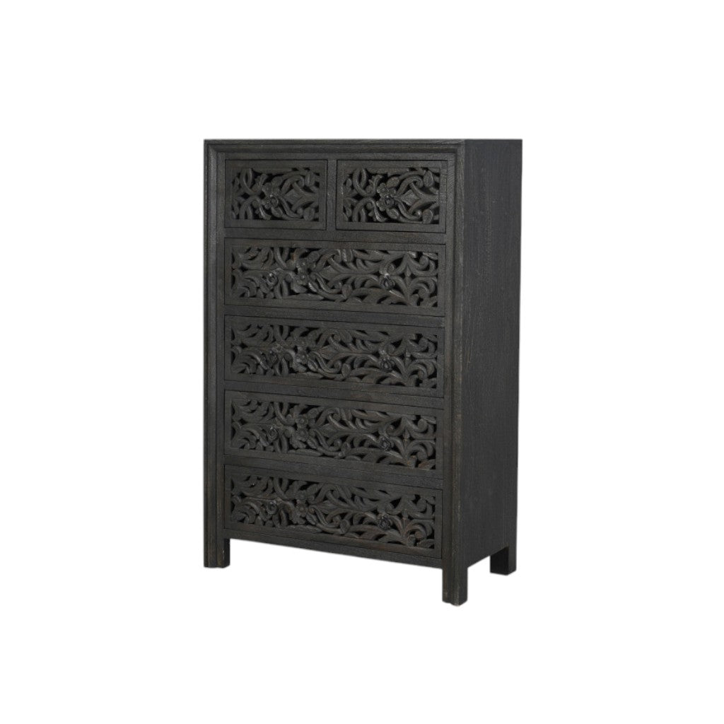 35" Black Carved Floral Solid Wood Six Drawer Dresser-1