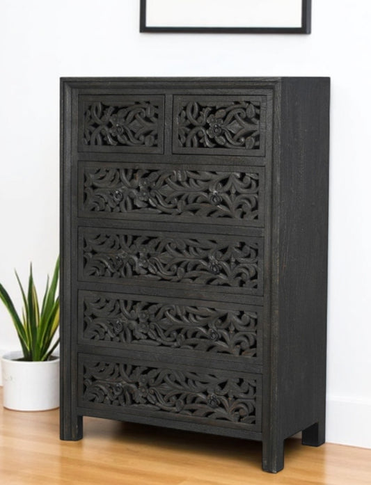 35" Black Carved Floral Solid Wood Six Drawer Dresser-0