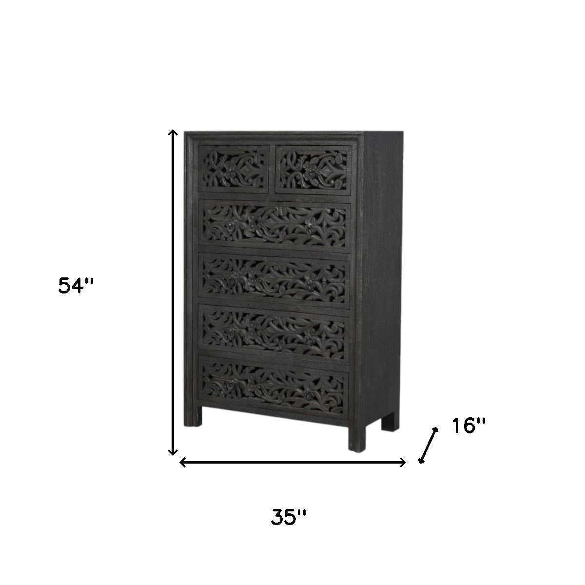 35" Black Carved Floral Solid Wood Six Drawer Dresser-4
