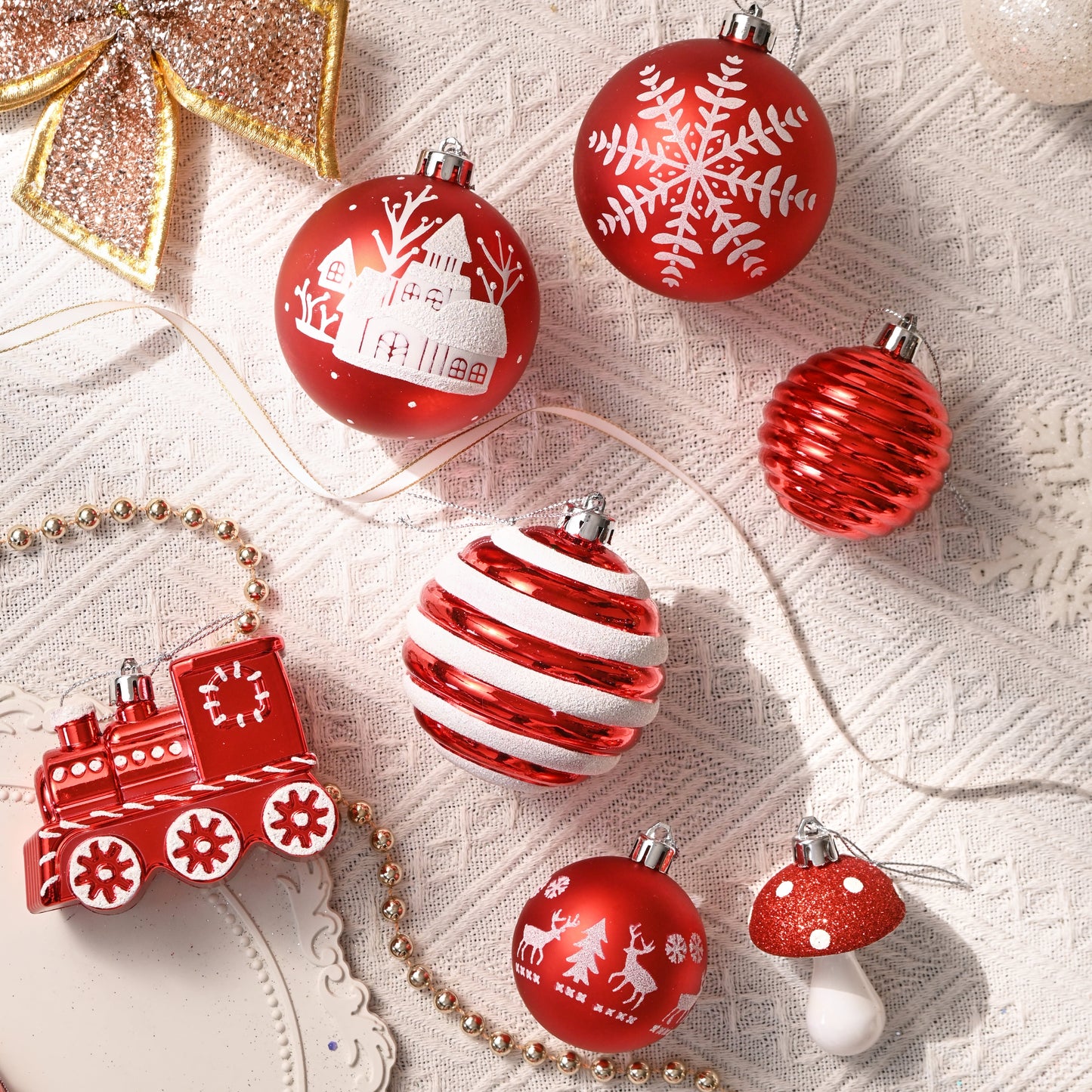 155Ct Christmas Ornaments Set, Red White Shatterproof Ornaments for Xmas Party Decor