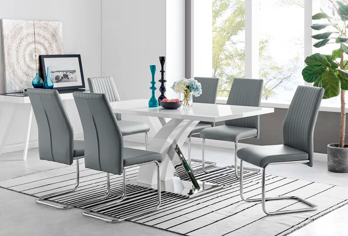 Edzard Chrome & White High Gloss Dining Table Set with 6 Luxury Faux Leather Dining Chairs