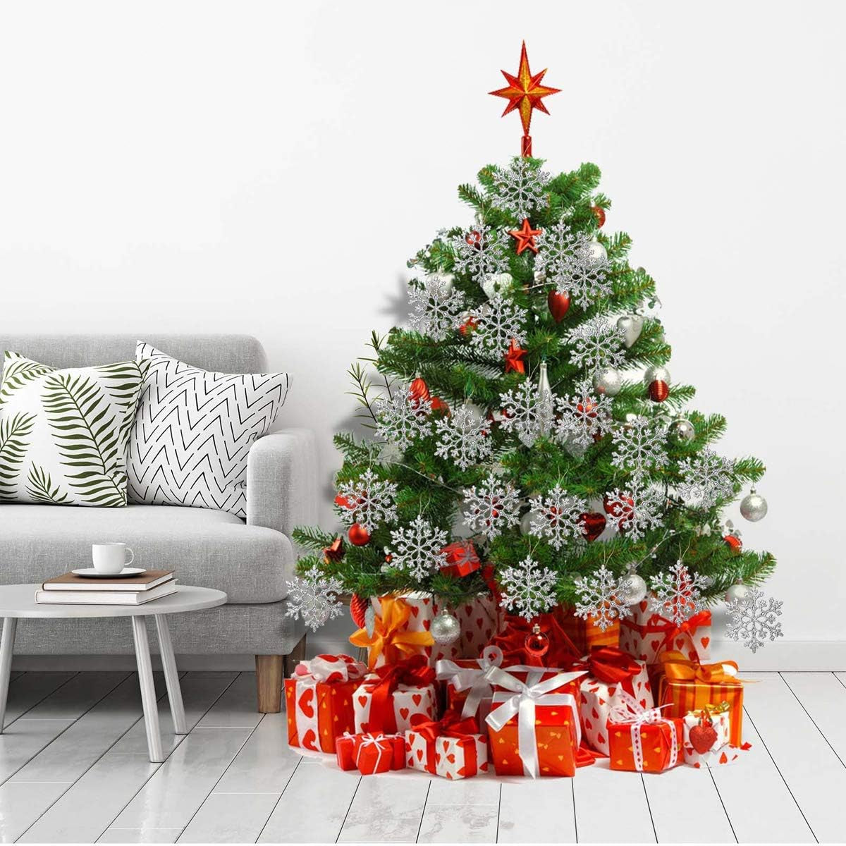 36 Pack Silver Glitter Snowflake Ornaments, Plastic Christmas Glitter Snowflake Winter Wonderland Christmas Tree Decorations, 4 Inch, Silver