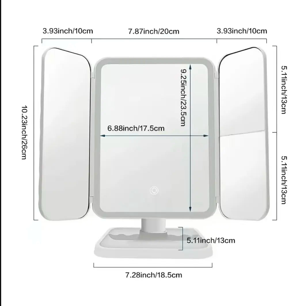 Portable LED Light Makeup Mirror, Lightedmakeup Mirror, Mirror with Lights, 3-Foldfoldable Rechargeable Mirror with 2X 3X &10X Magnification, Touch Control Mirror Fortravel & Bedroom Use, Rechargeable Trifoldmirror