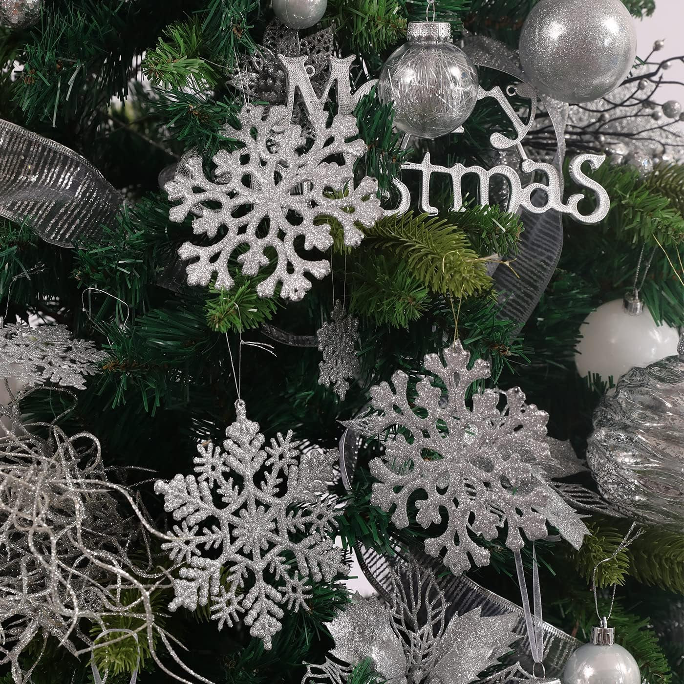 30PCS Christmas Glitter Snowflake Ornaments Plastic Snowflakes Ornaments-Xmas Tree Decorations,4.7-Inch(Silver)