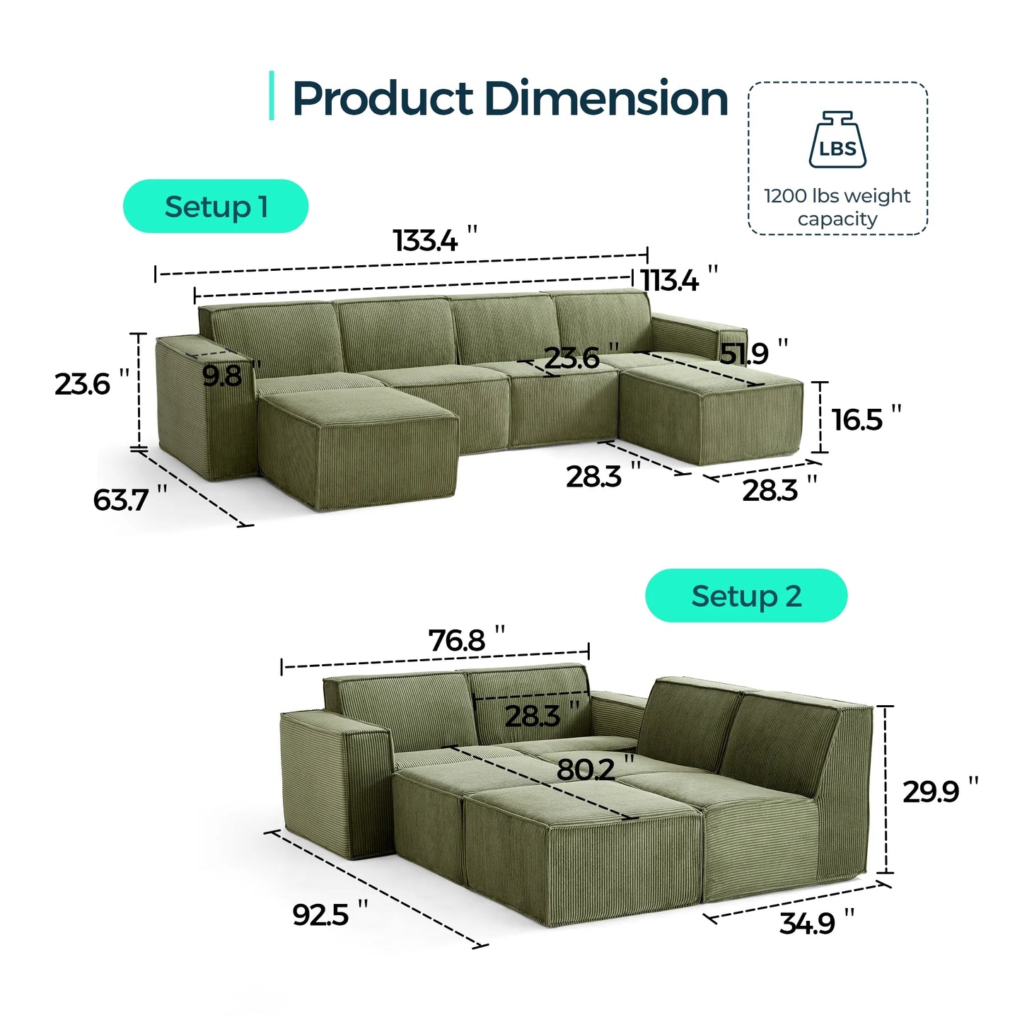 Oversized Modular Sectional Sofa, U-Shaped Cloud Sofa Couch with Corduroy Fabric, 4 Seat Sponge Sofa for Living Room, No Assembly Required, Green