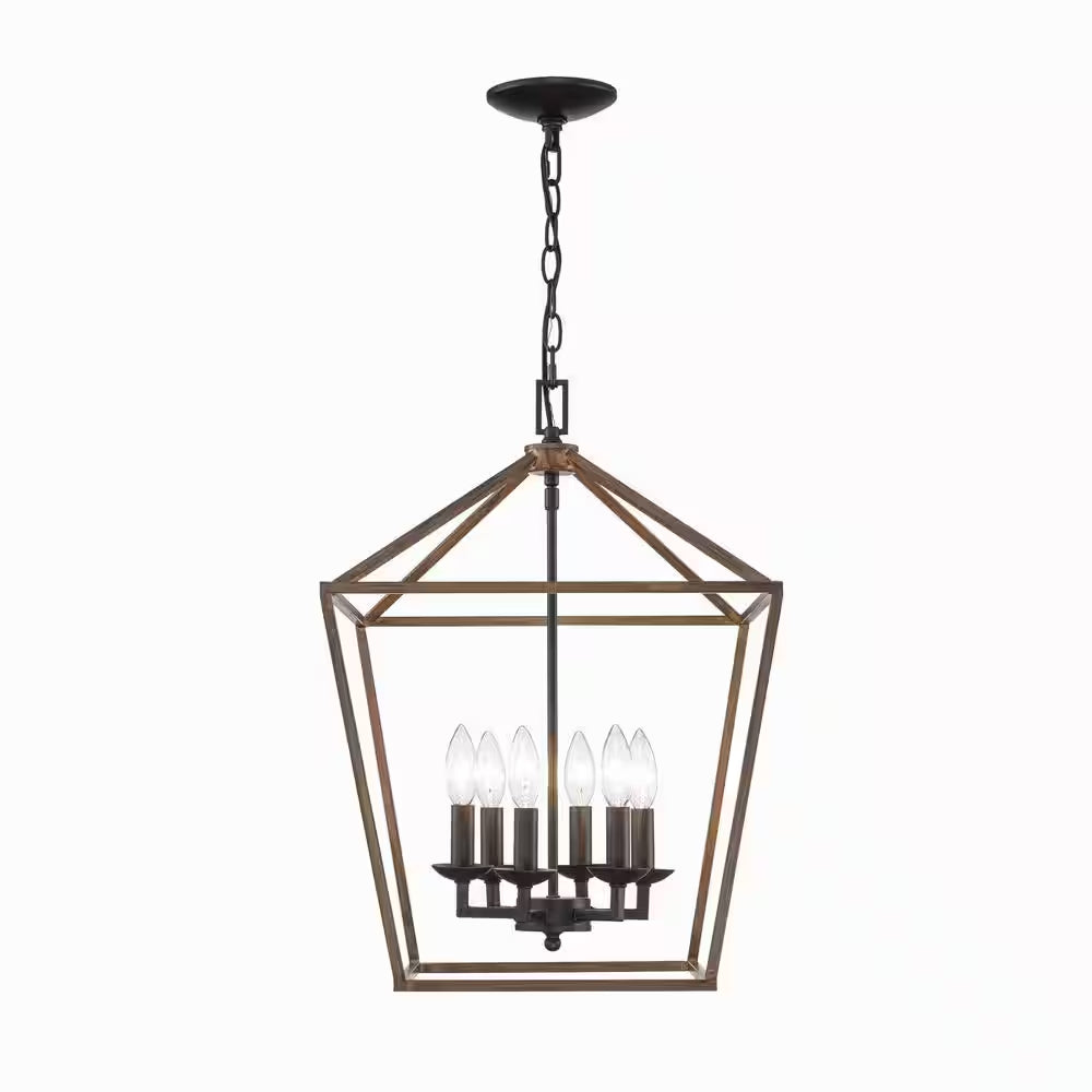 Weyburn 6-Light Black and Faux Wood Farmhouse Chandelier Light Fixture with Caged Metal Shade