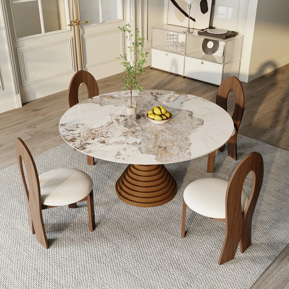 Modern Vintage 5Pcs Dining Table Set Mid-Century Style With Fish-Backrest Chairs For 4/6/8