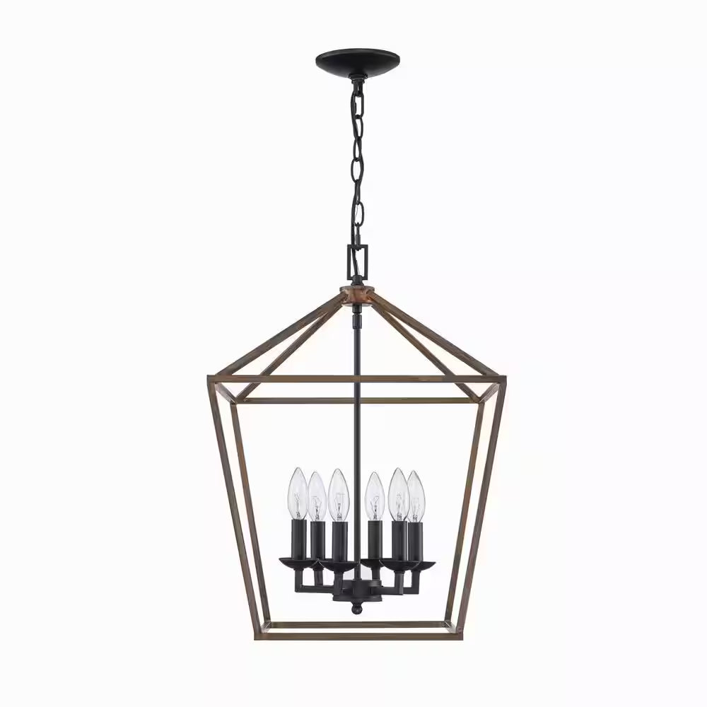 Weyburn 6-Light Black and Faux Wood Farmhouse Chandelier Light Fixture with Caged Metal Shade