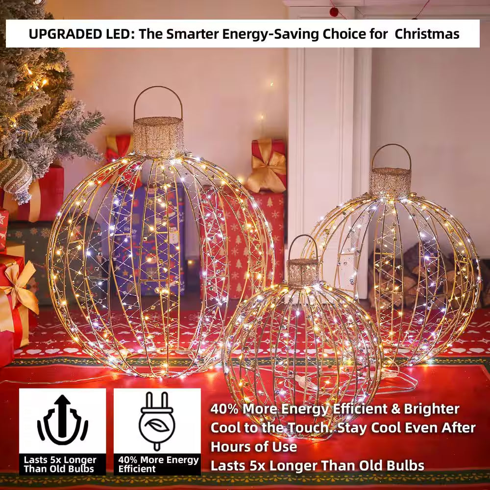 25 In. 3-Piece Outdoor Christmas Decoration Ornaments Set Pre-Lit Balls with White LED Lights